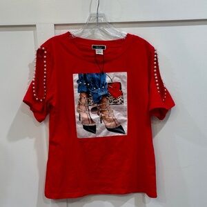 Vivid Vibrant Red Cotton T-Shirt with Pearl Embellishments.